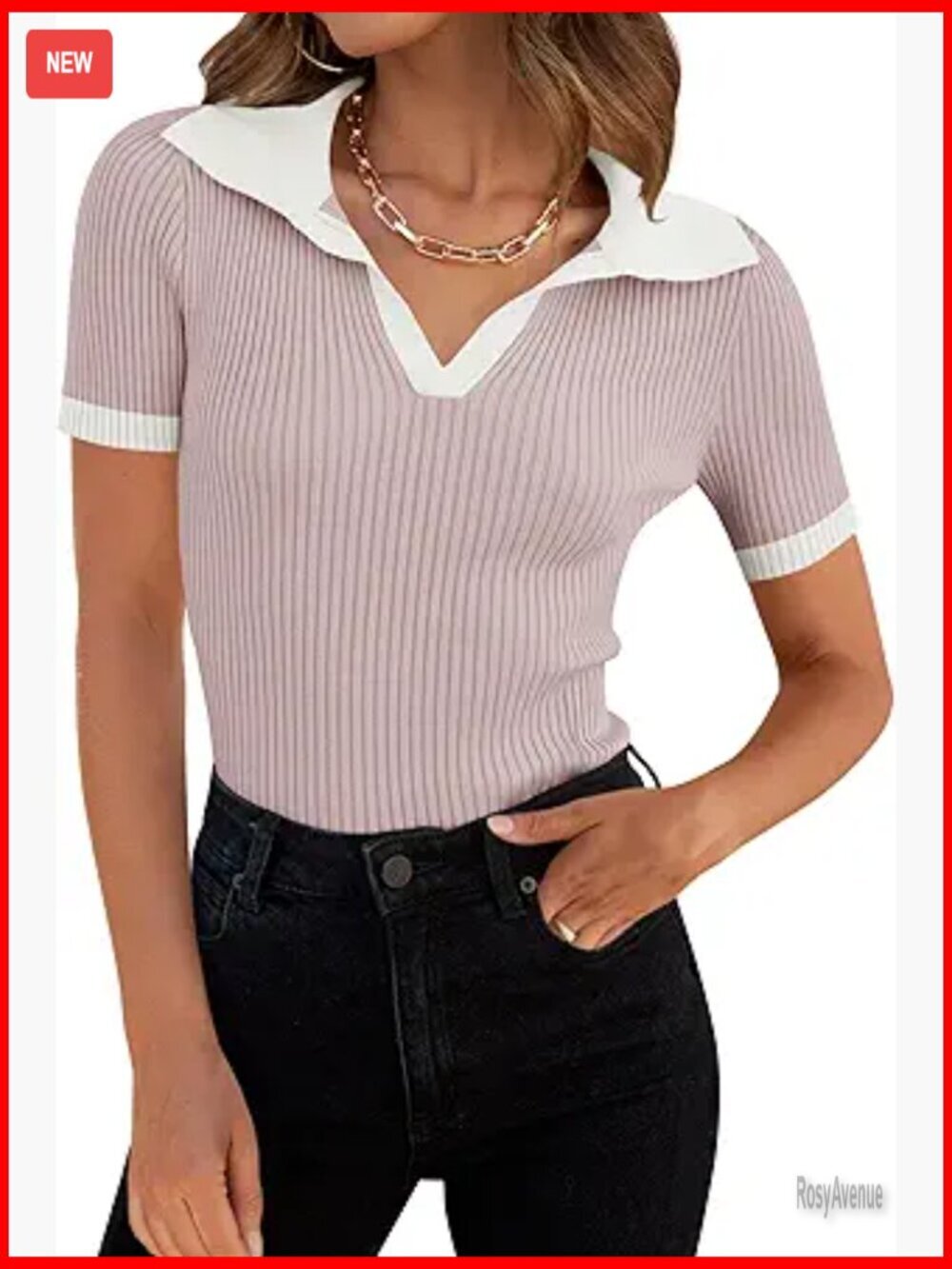 Slim Fit V-Neck Short Sleeve Tee Ribbed Knit Cotton Blend Top